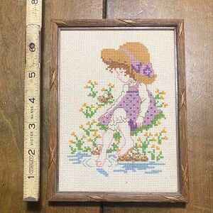 Framed Cross-Stitch Art with Girl in Purple Dress